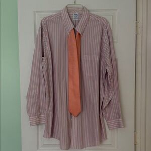 Brooks Brothers orange and Blue Striped Dress Shirt with Orange Silk Tie